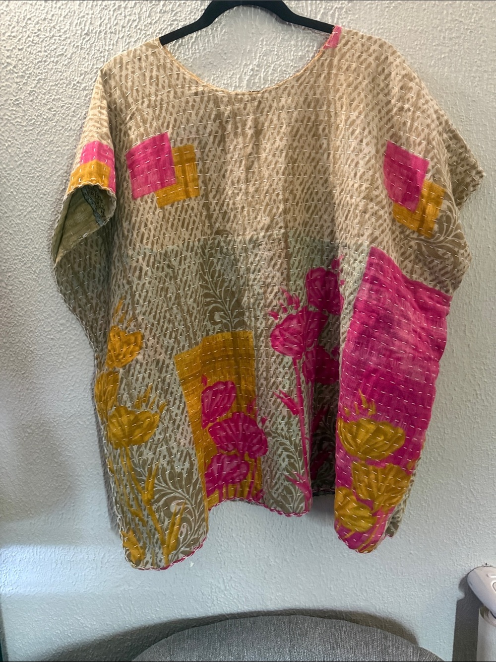 Upcycled Kantha Light Yellow tye dye Printed Women’s Tunic Top - Picture 3 of 4